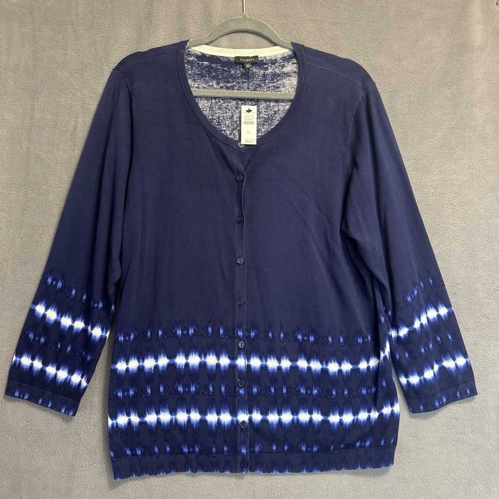 NWT Talbots Tie Dye Button Front Cardigan 3/4 Sleeve Size XL Navy Blue Office